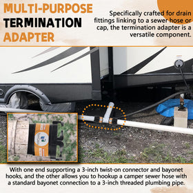 TonGass termination adapter attached to sewer hose demonstrating leak-resistant join