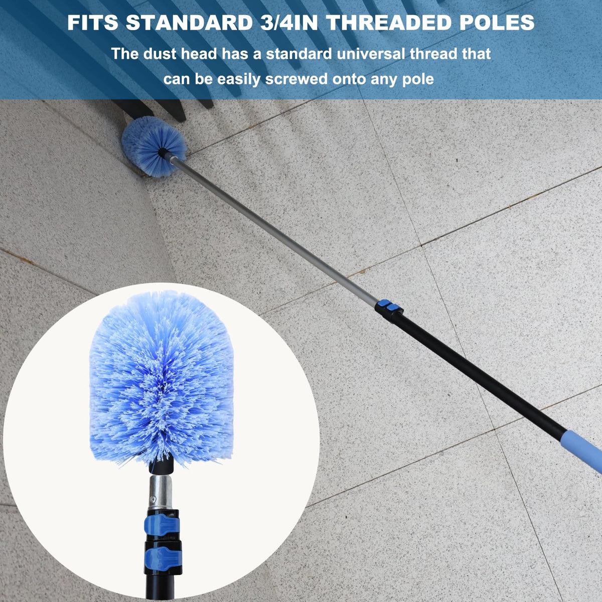 Tonmp duster head attached to pole cleaning ceiling for safer reach