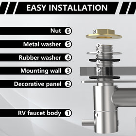 TONNY faucet beside ruler showing 4-inch fit for standard RV openings