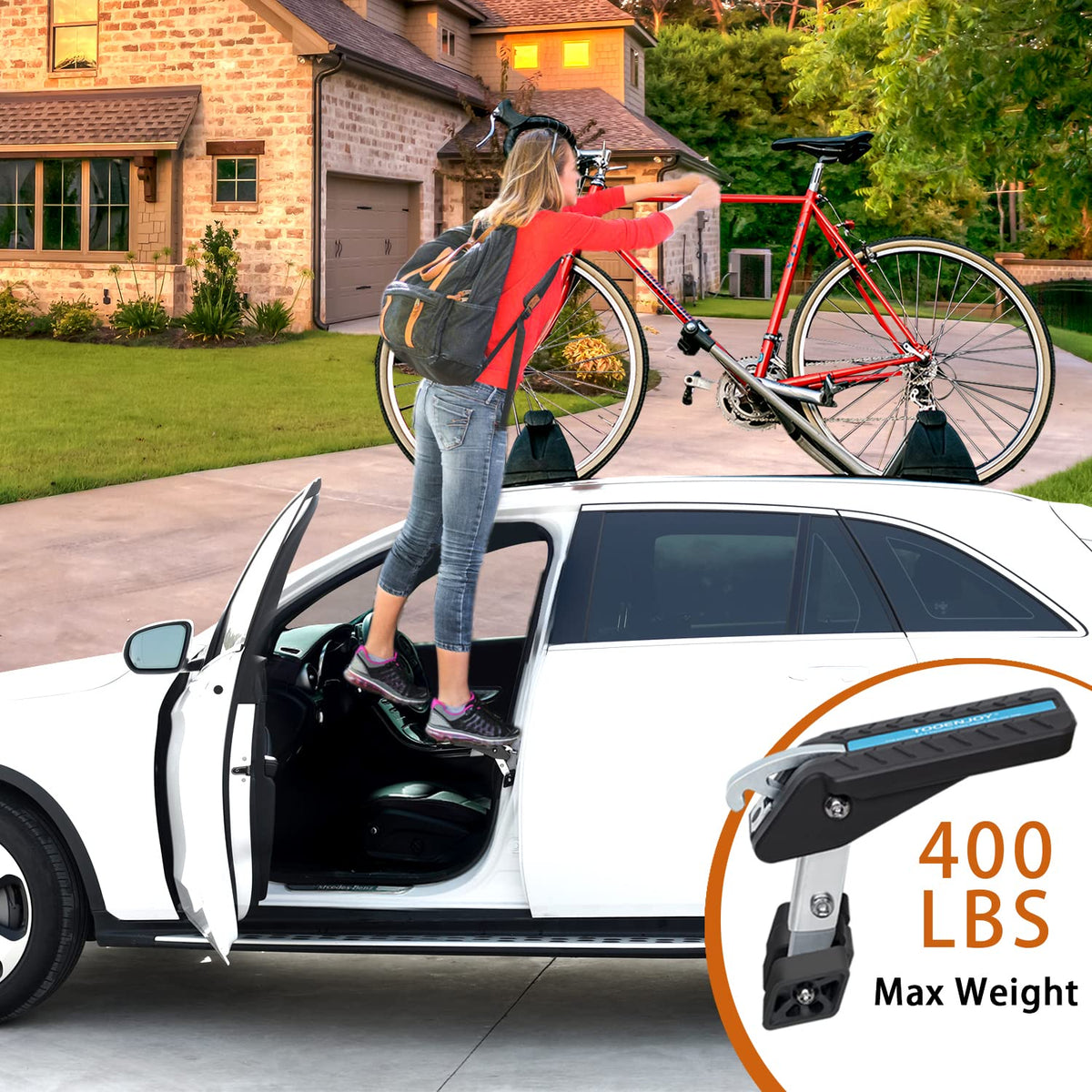 TOOENJOY step next to a water bottle showing compact scale and easy carry benefit