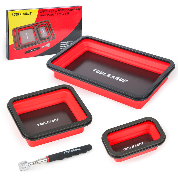 TOOLEAGUE front view of three silicone magnetic trays showing neat storage benefit