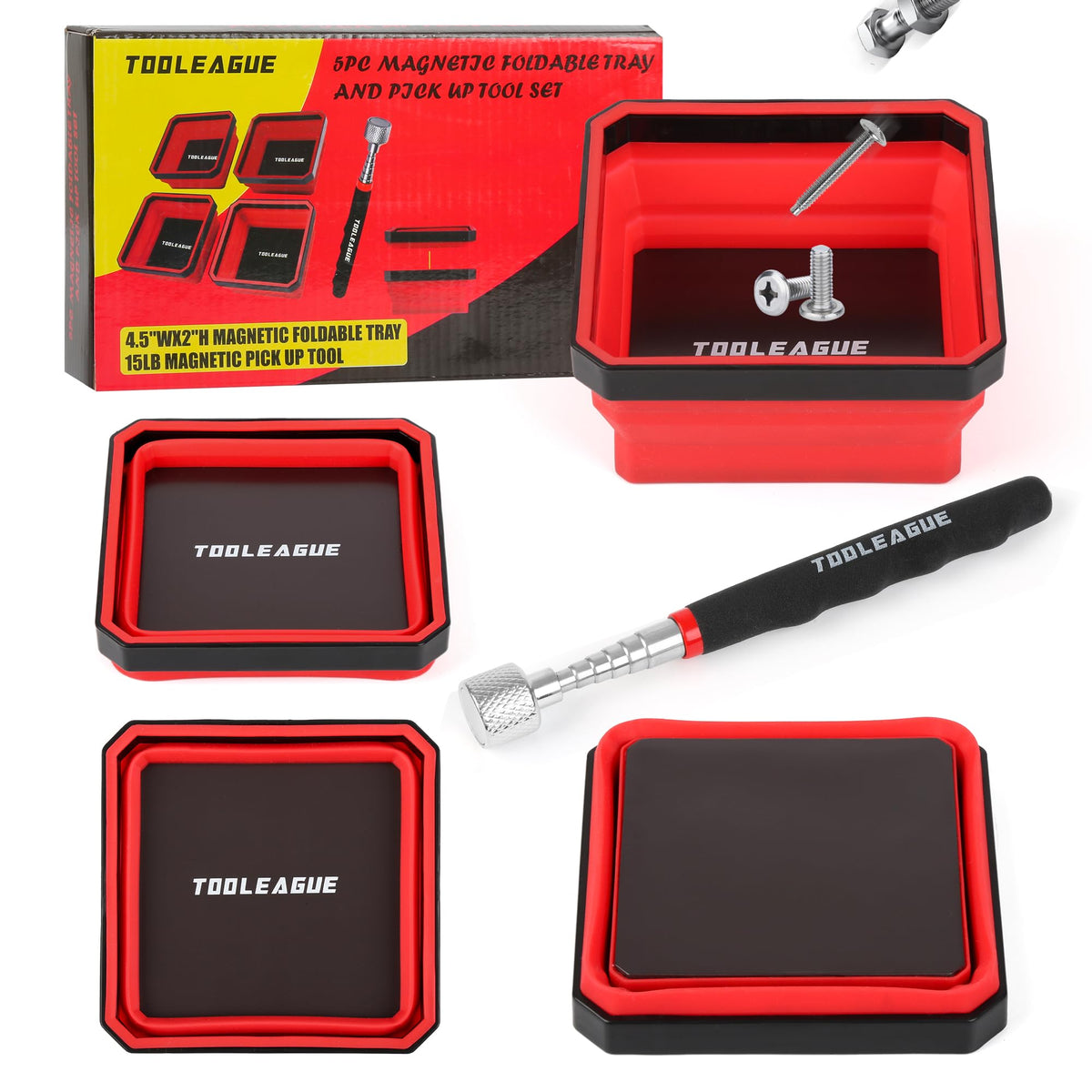 TOOLEAGUE front view showing four trays and pickup pen for organized parts