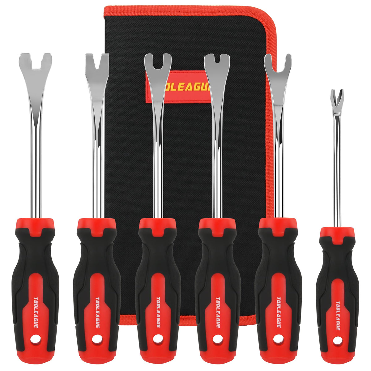 TOOLEAGUE front view of 6-piece trim tool set showing all tools and bag, durable fast repairs