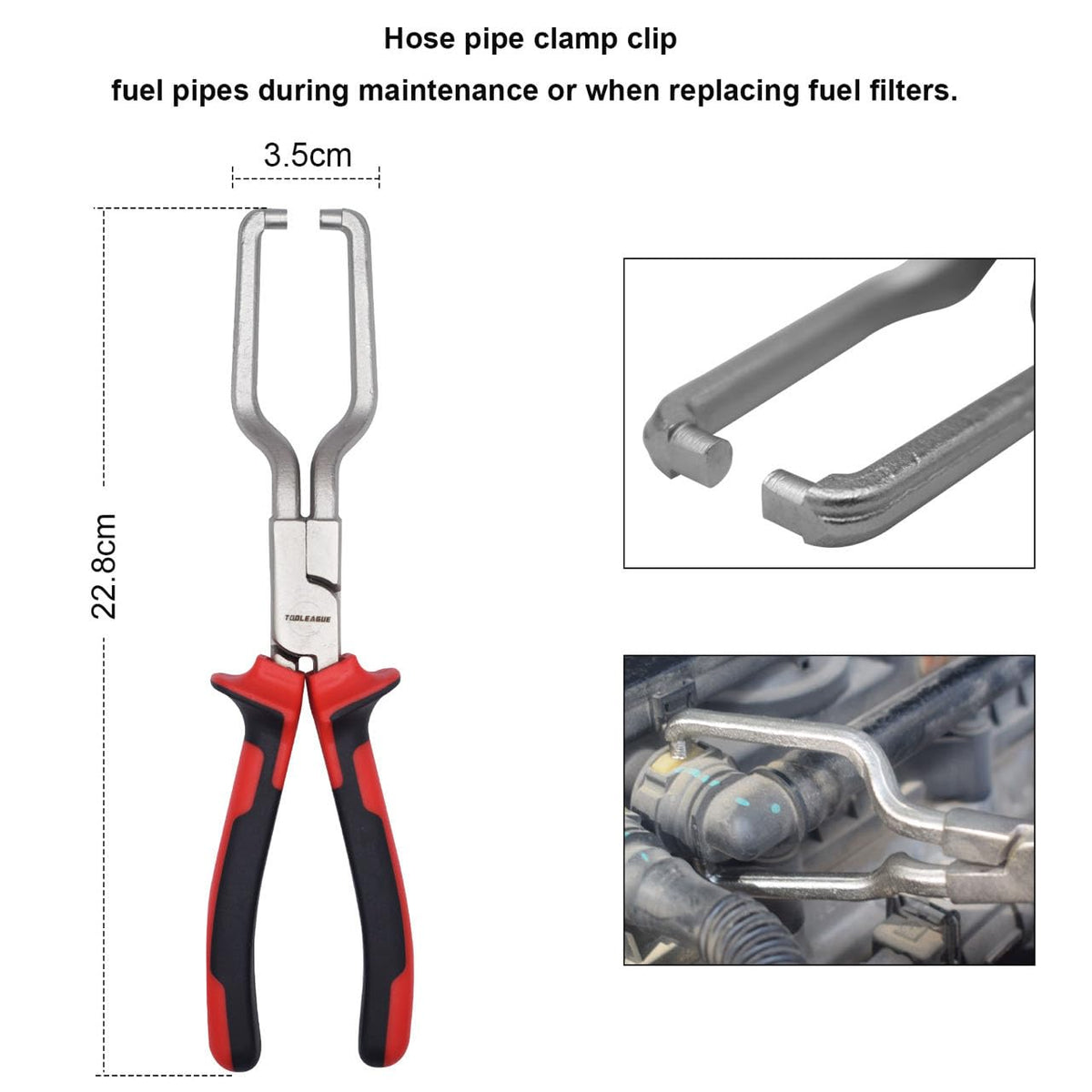 TOOLEAGUE pliers removing a fuel hose demonstrating safe one-handed disconnection benefit