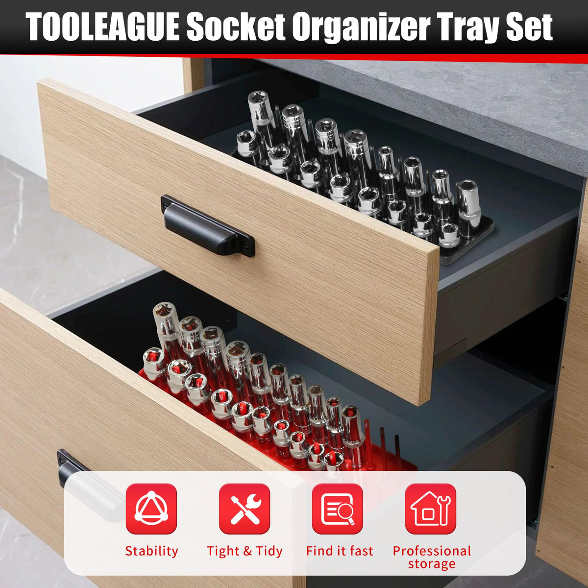 TOOLEAGUE trays next to pliers for scale showing compact, space-saving design