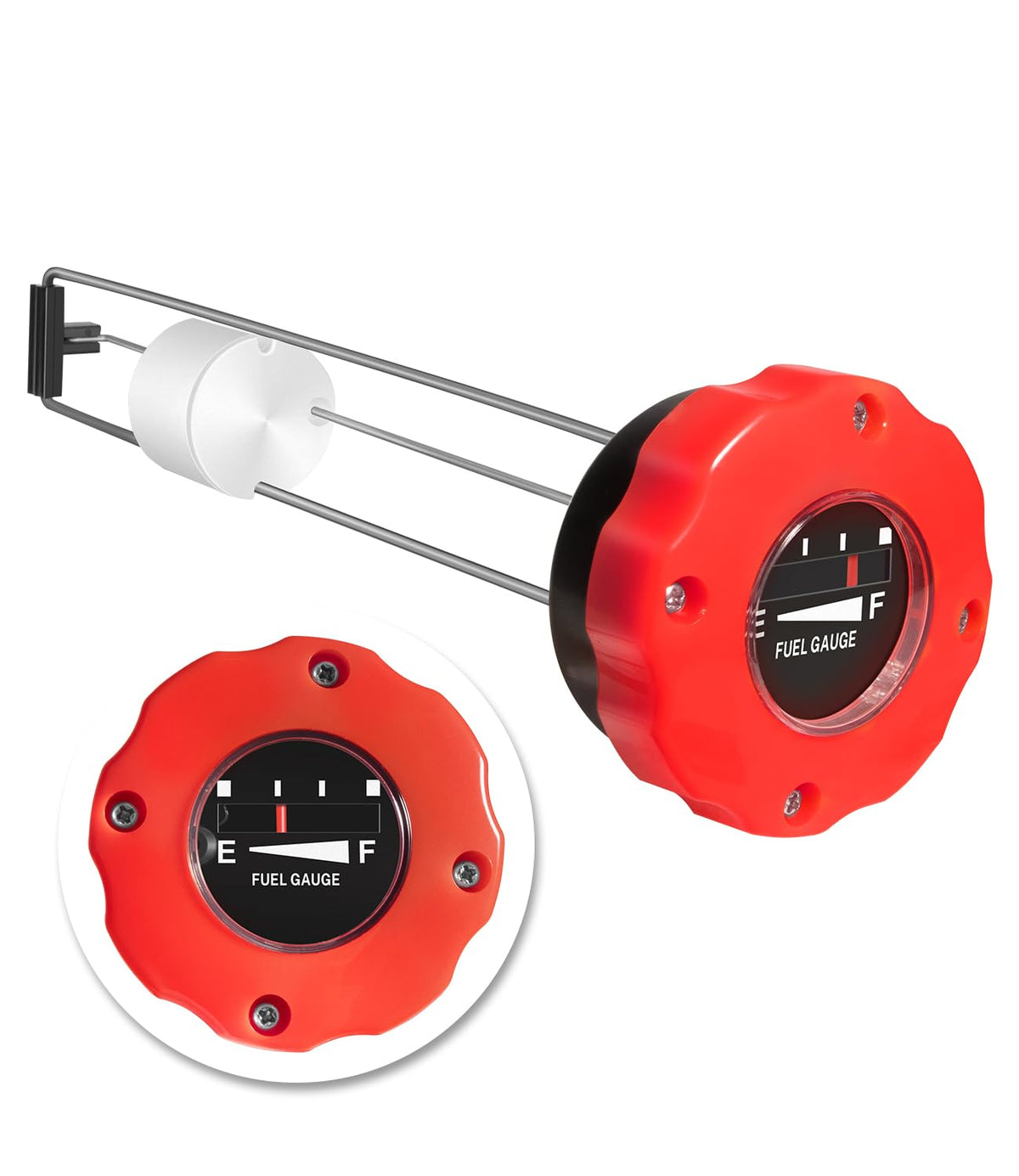 Toolixor fuel cap front view showing integrated gauge and quick level check benefit