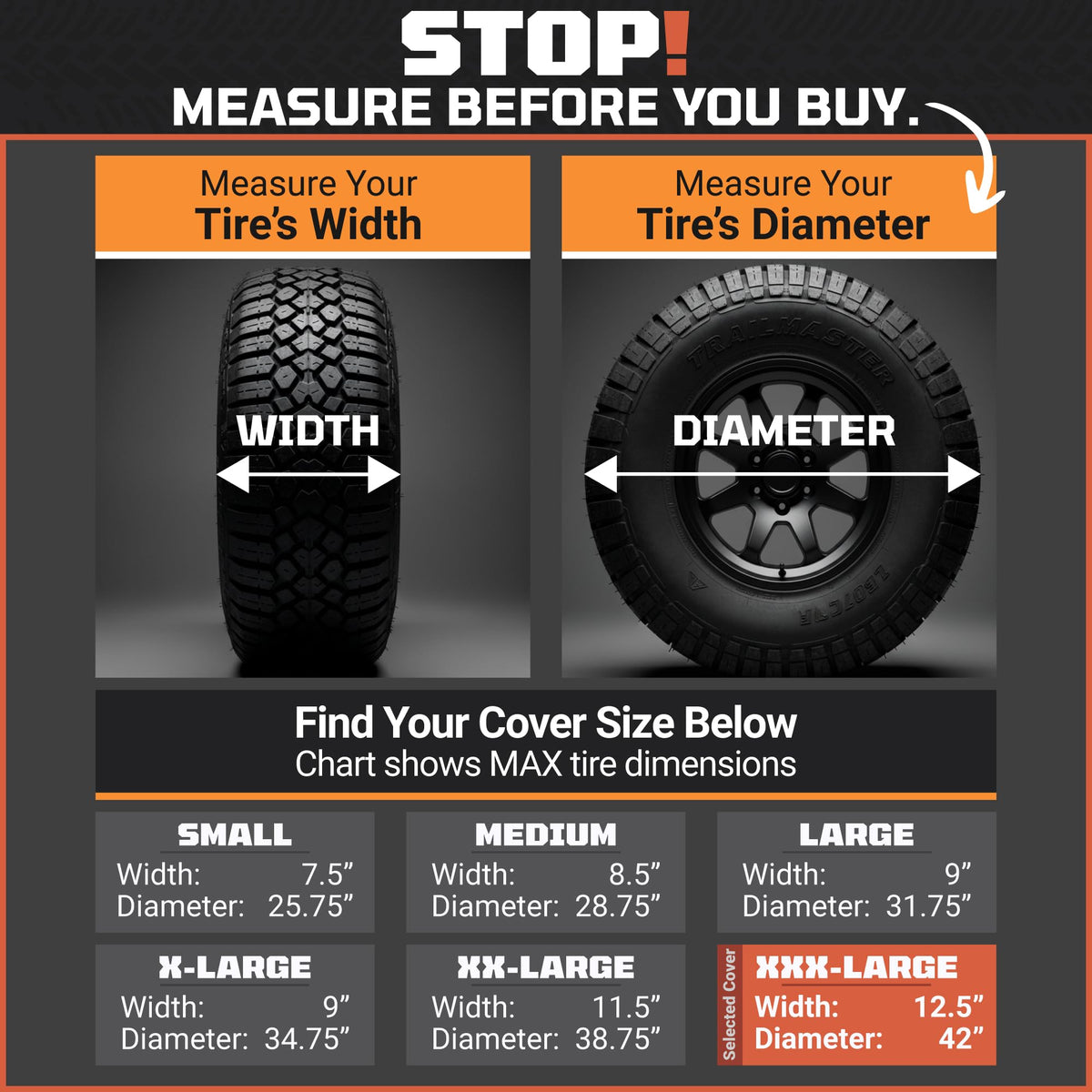 TOOLTROOPERS size comparison on truck tire illustrating correct 39–42" fit