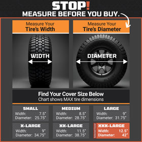 TOOLTROOPERS size comparison on truck tire illustrating correct 39–42" fit