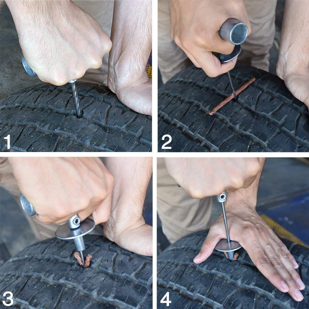 Tooluxe kit next to a car tire to show size and portability benefit