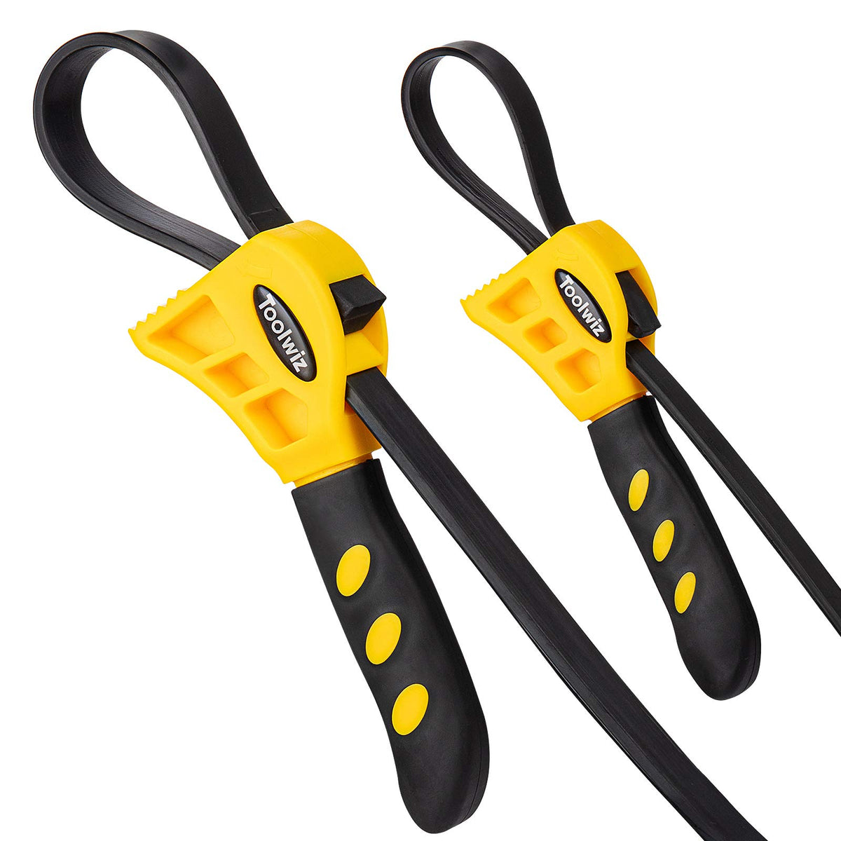 Toolwiz front packaging showing two strap wrenches and contents, easy identification benefit