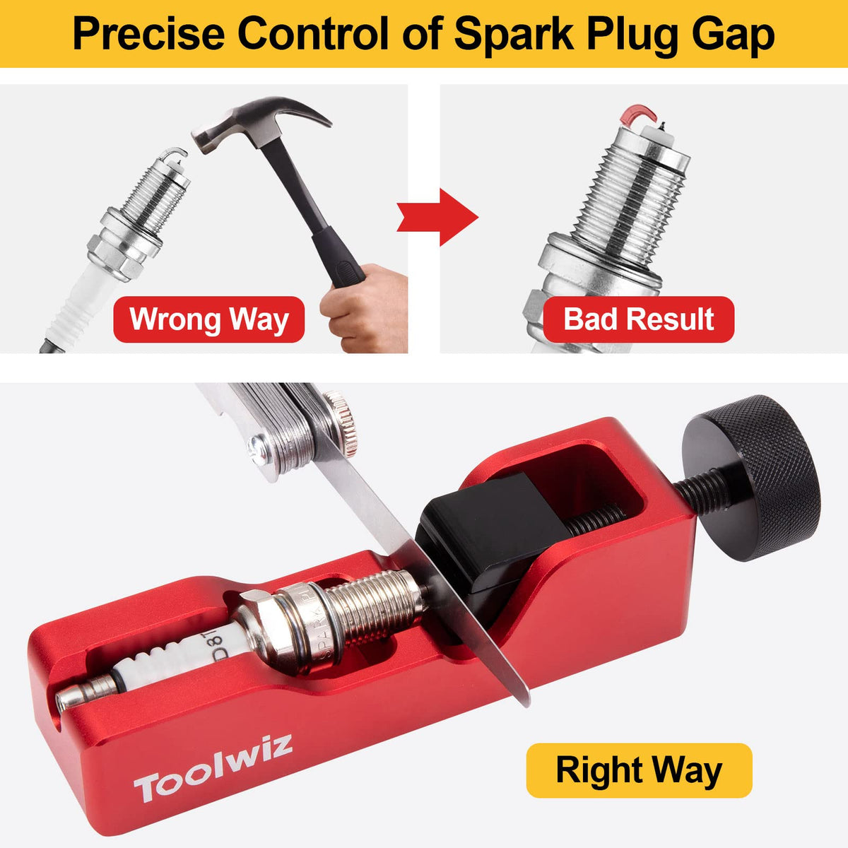 Toolwiz tool in hand compressing a spark plug electrode for quick adjustment
