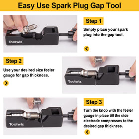 Toolwiz in use on spark plug demonstrating safer gap reduction without bending