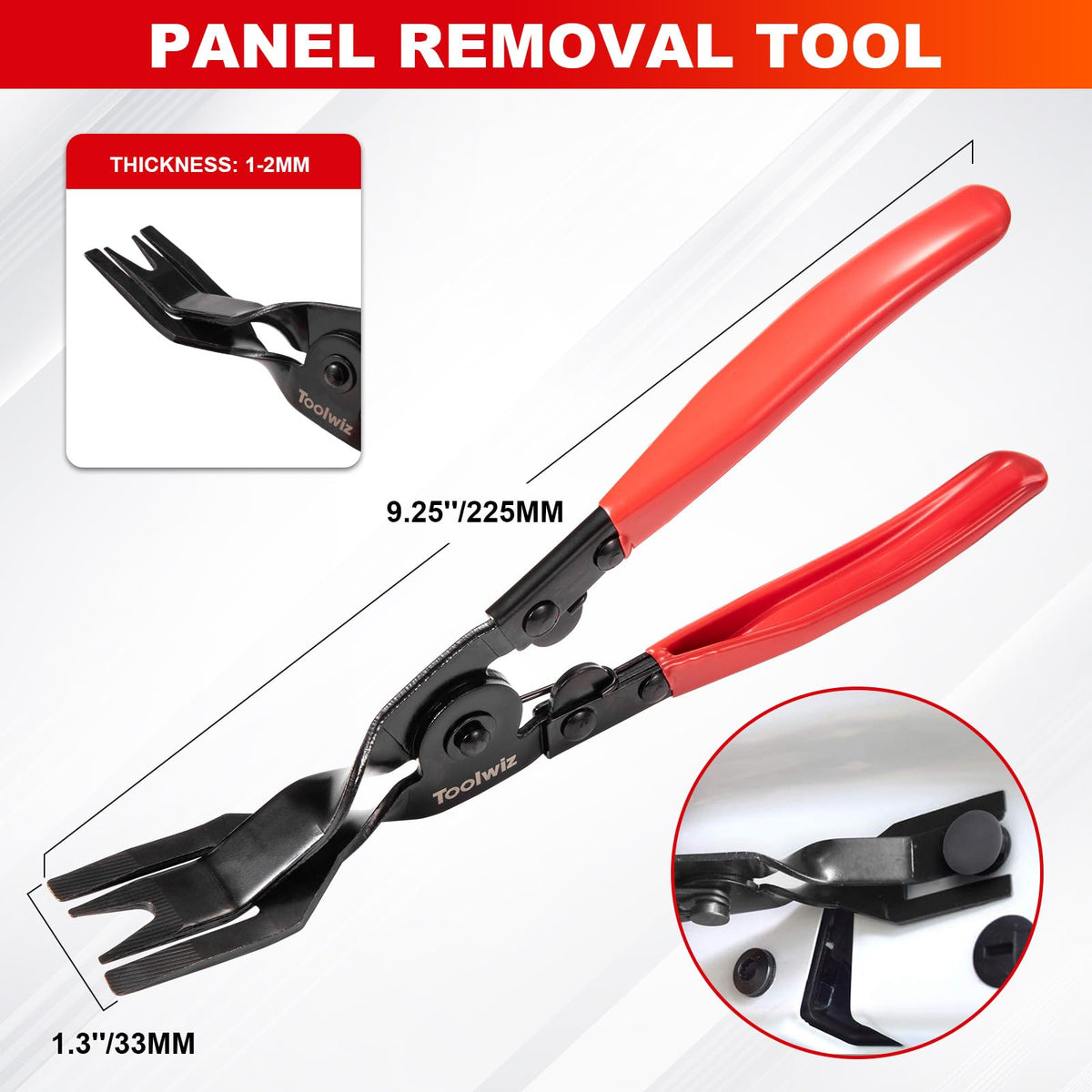 Toolwiz panel removal tool tip close-up showing two-step head for clip and rivet removal