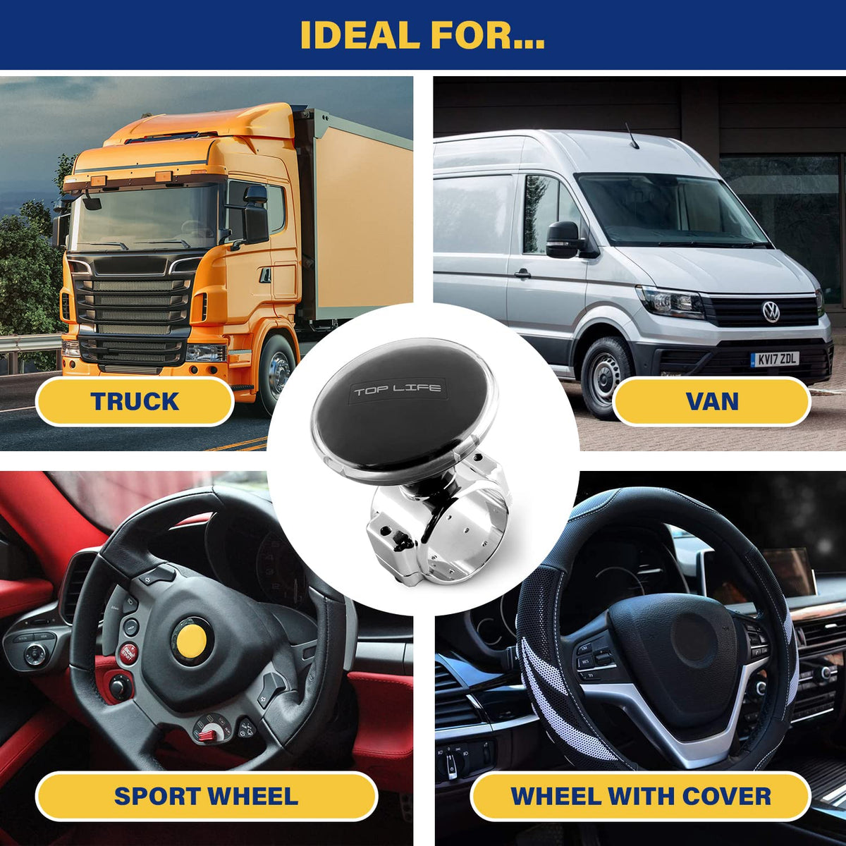 Top Life in-cab driving scene with knob in use, reducing wrist strain during maneuvers