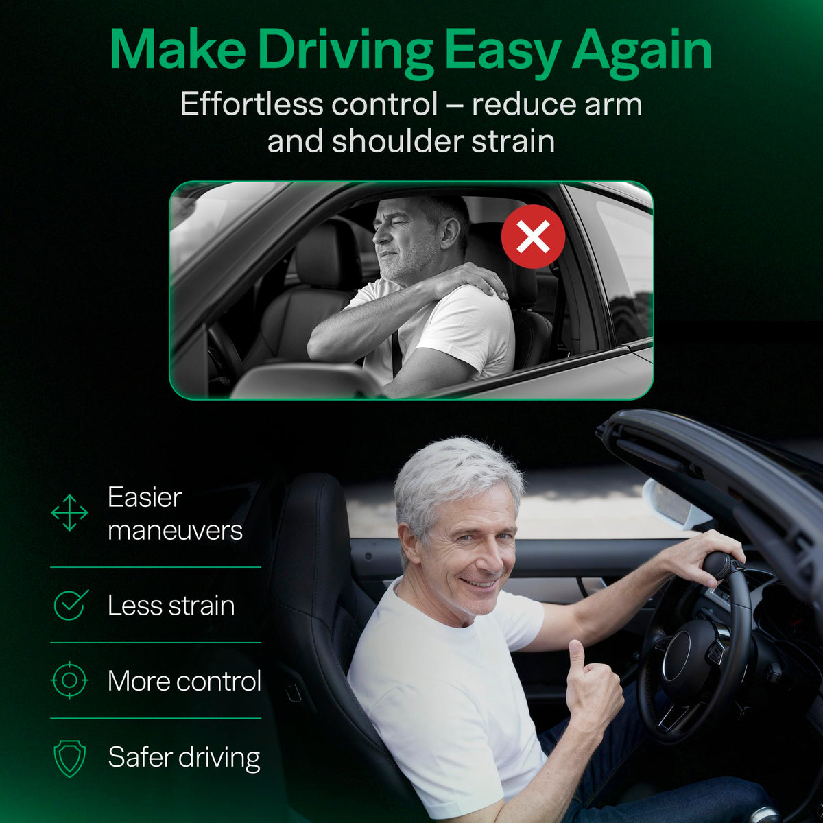 Top Life knob installed on car wheel illustrating easier one-handed steering