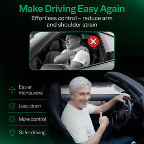 Top Life knob installed on car wheel illustrating easier one-handed steering