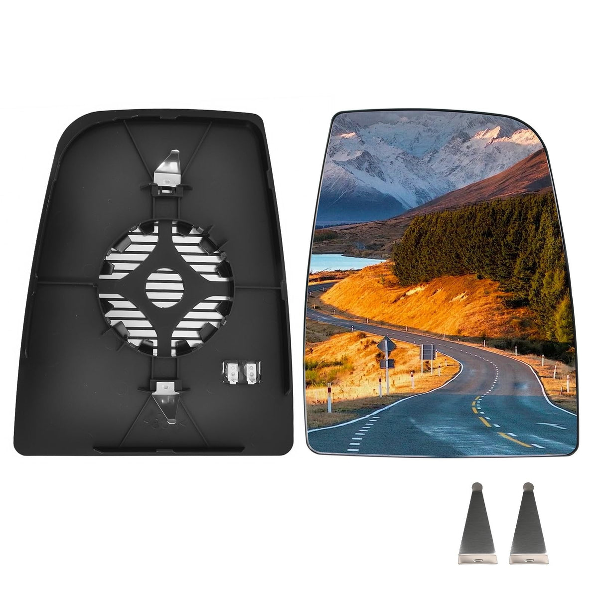 TOP-MAX front view of passenger upper mirror glass showing exact OEM fit and clean surface