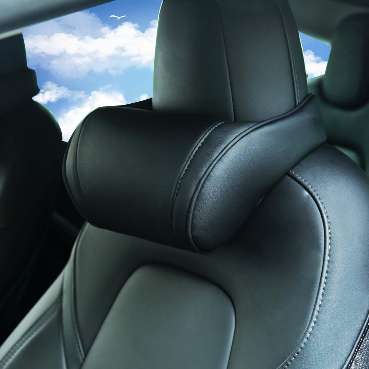 TOPABYTE front view of black neck pillow showing compact shape and benefit of comfort