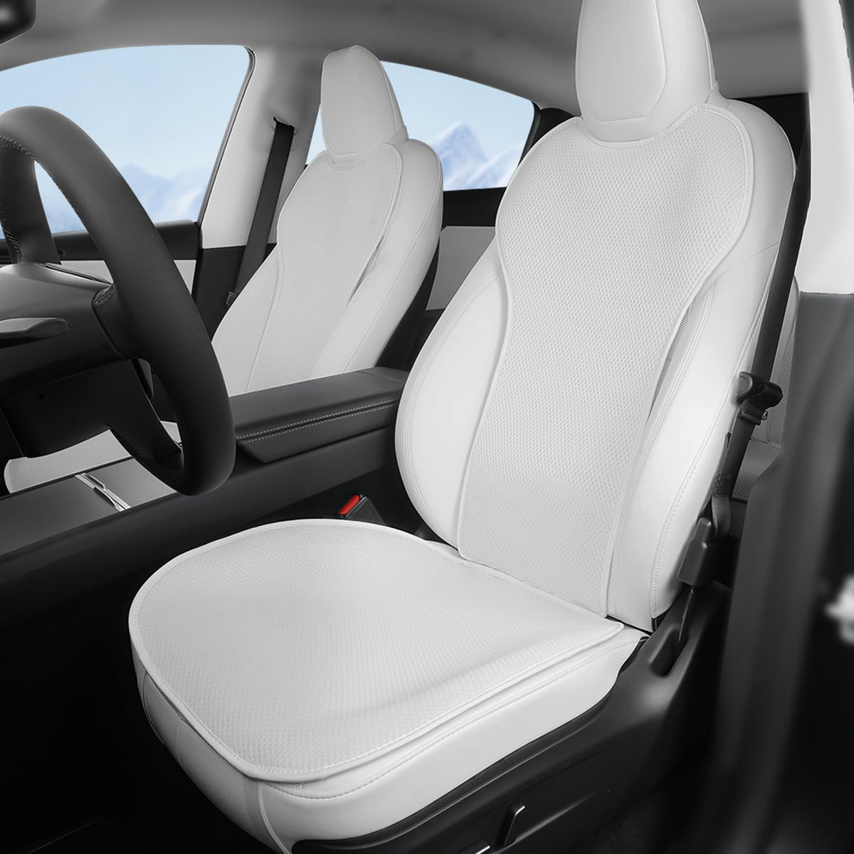 TOPABYTE front view installed on Tesla Model Y front seat showing clean protection