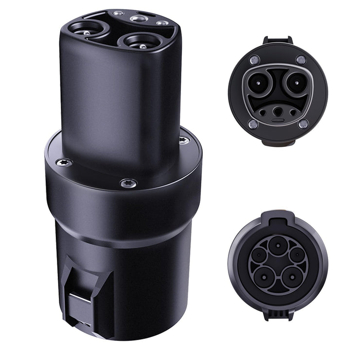 TopAutoGear adapter front view showing NACS plug and J1772 inlet for wider charging access