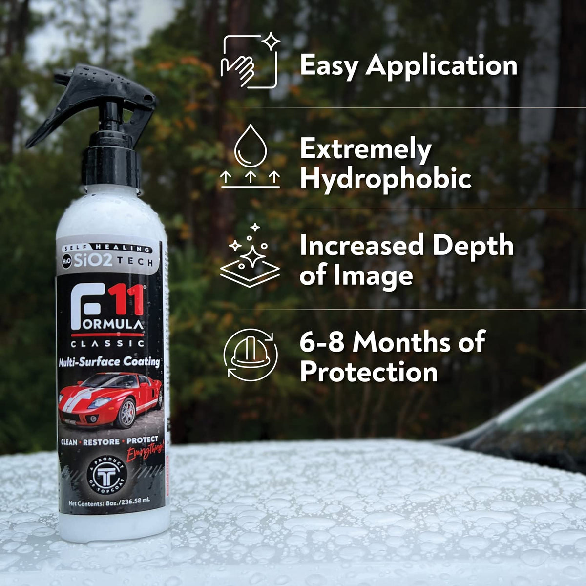 TopCoat F11 bottle beside common car detailing items showing 16 oz scale