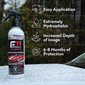 TopCoat F11 bottle beside common car detailing items showing 16 oz scale