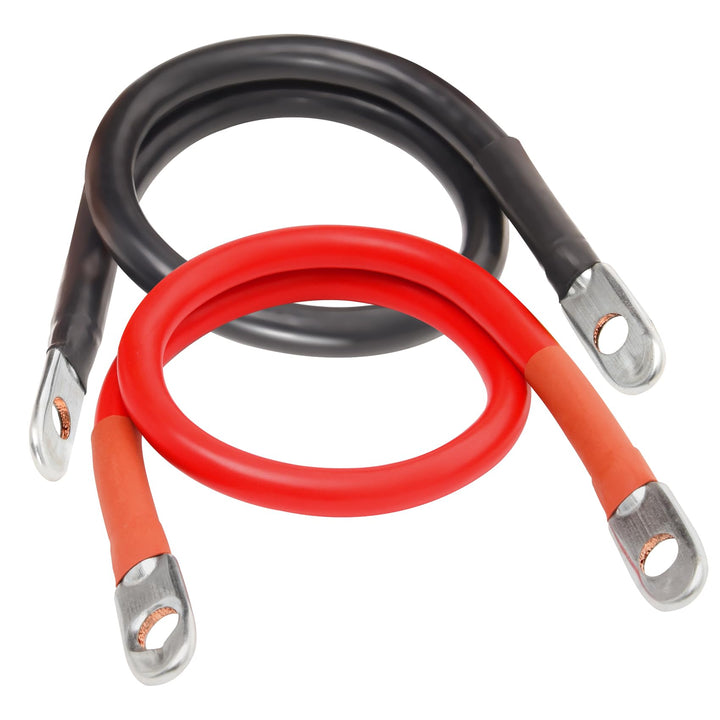 TOPDC front view of 2 AWG battery cable pair showing lugs and jacket benefit conductivity