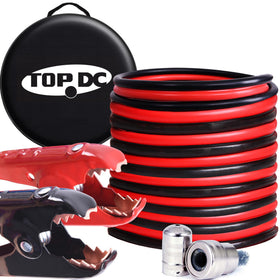 TOPDC front view and packaging showing jumper cables and carry bag benefit organization