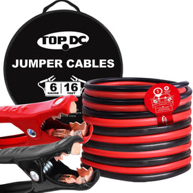 TOPDC front packaging showing heavy-duty 16ft jumper cables and carry bag for preparedness