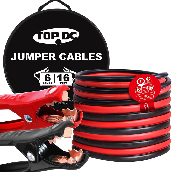 TOPDC front packaging showing heavy-duty 16ft jumper cables and carry bag for preparedness