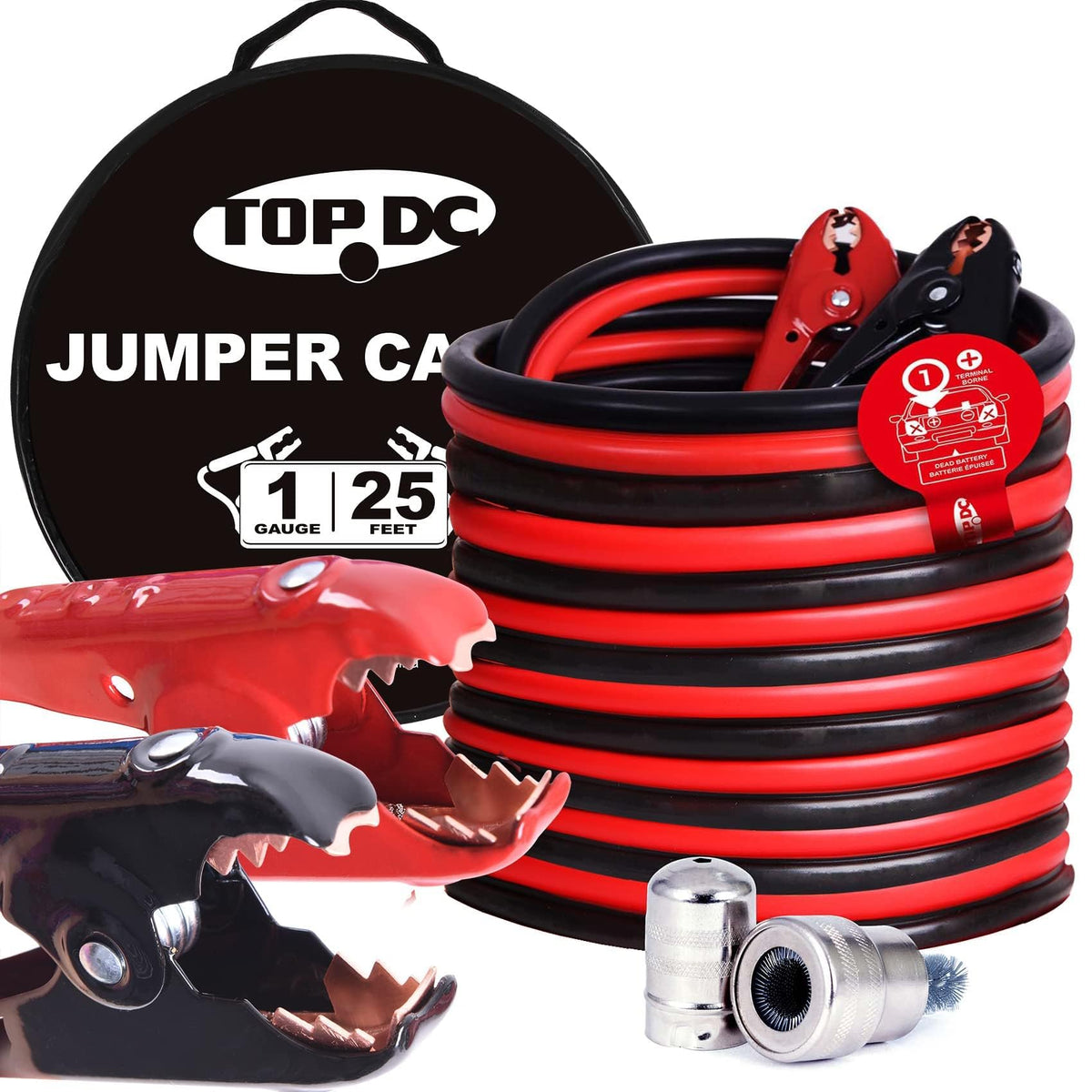 TOPDC front packaging showing heavy-duty 25ft cables and carry bag benefit readiness