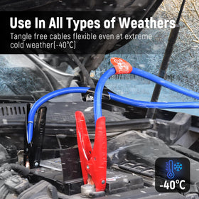 TOPDC cables in use on a truck battery for quick roadside jumpstarts