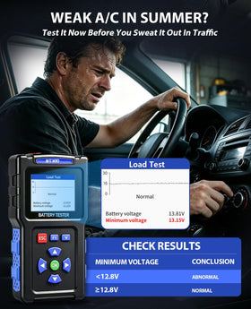 TopDiag BT300 in use under a car hood diagnosing battery and charging system faults