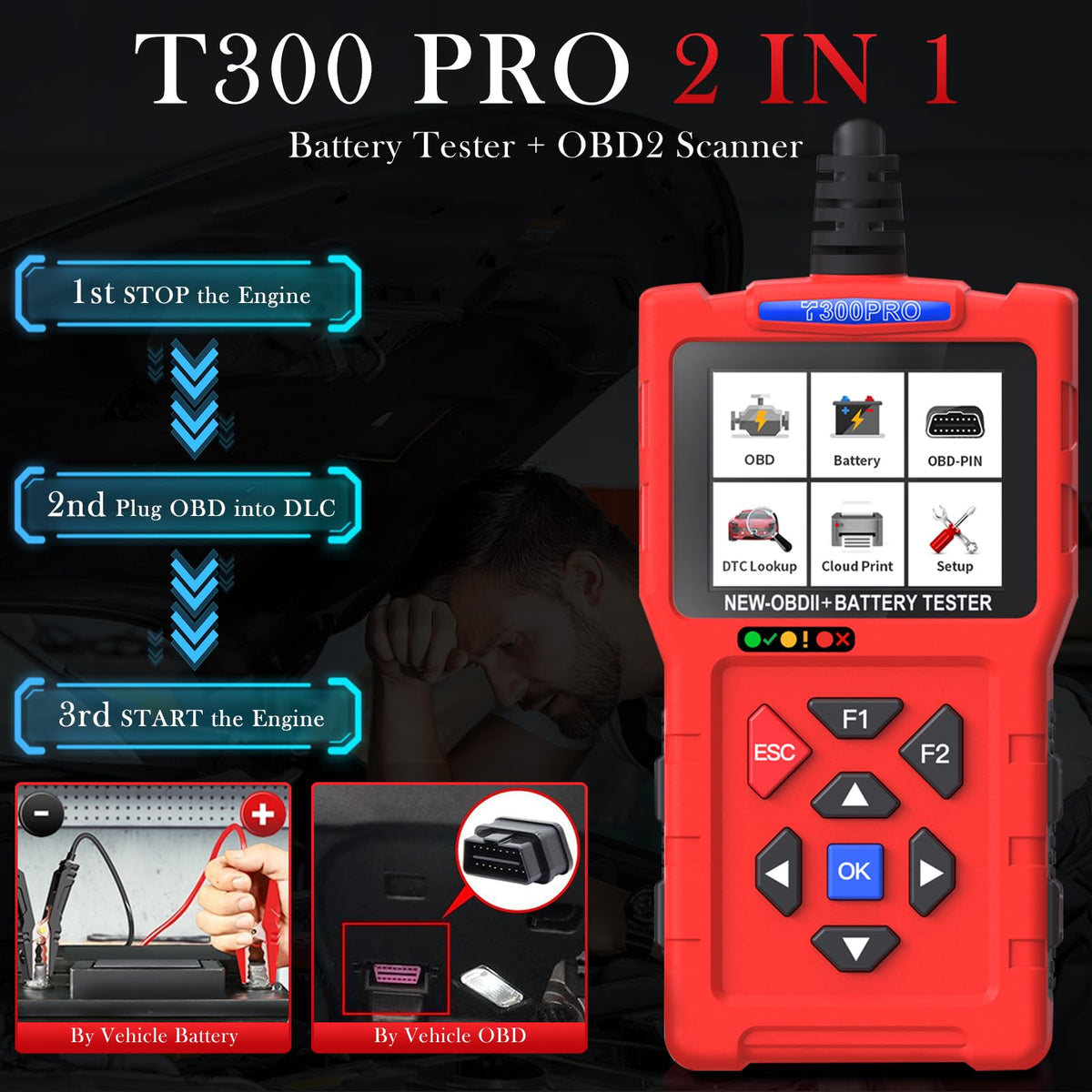 TopDiag T300PRO clamps and battery connectors for secure testing