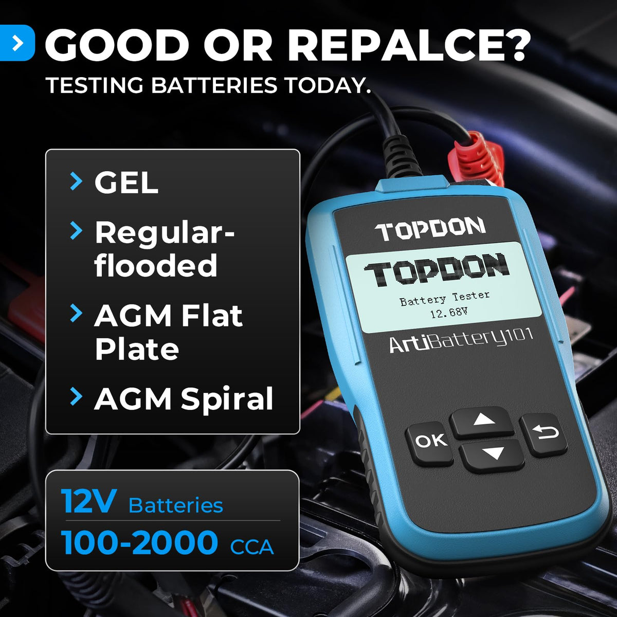 TOPDON AB101 connected to a car battery to test cranking and charging