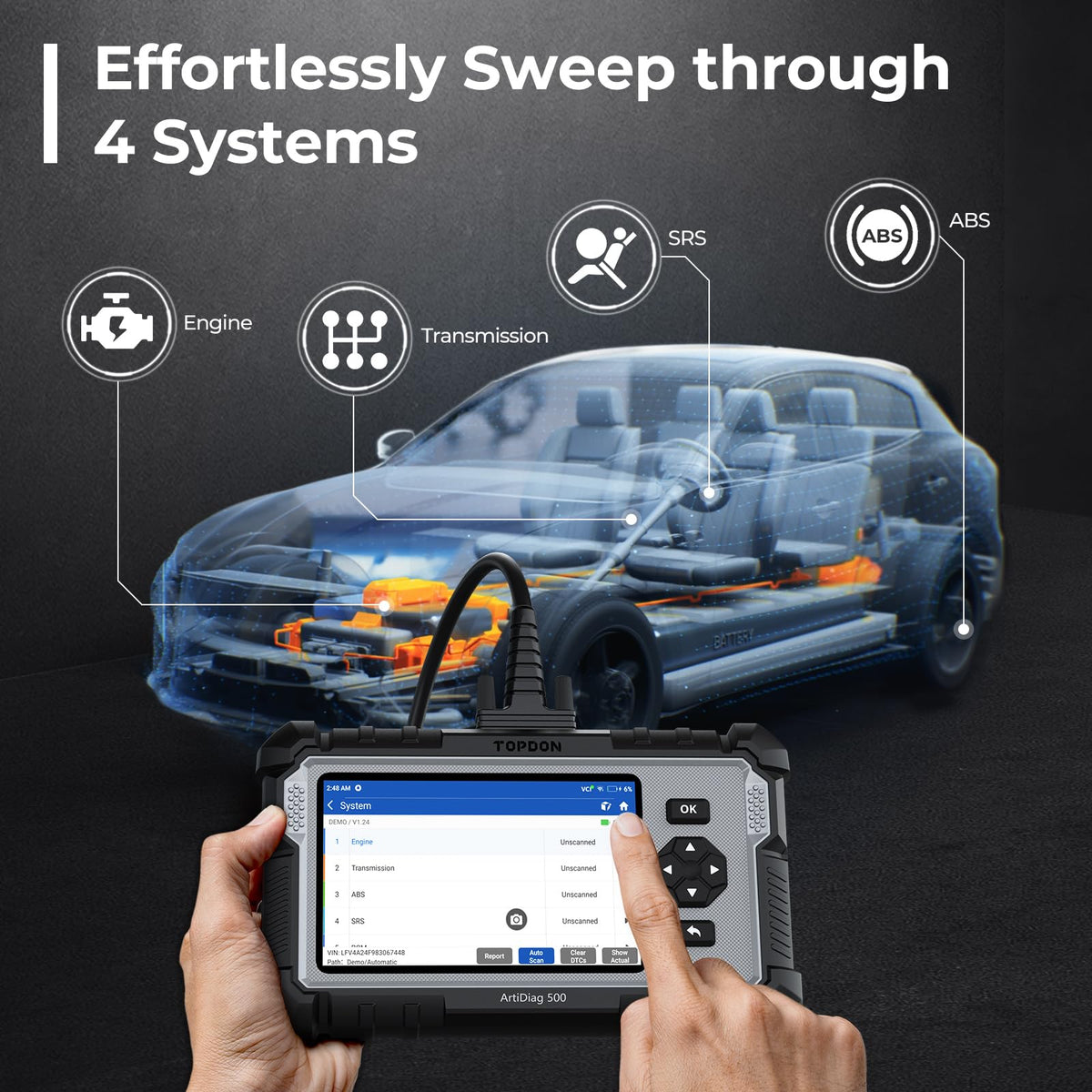 TOPDON AD500 OBD2 connector and cable ready to plug in for fast vehicle link benefit