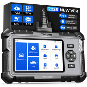 TOPDON AD500 front display showing diagnostic menu for quick system access