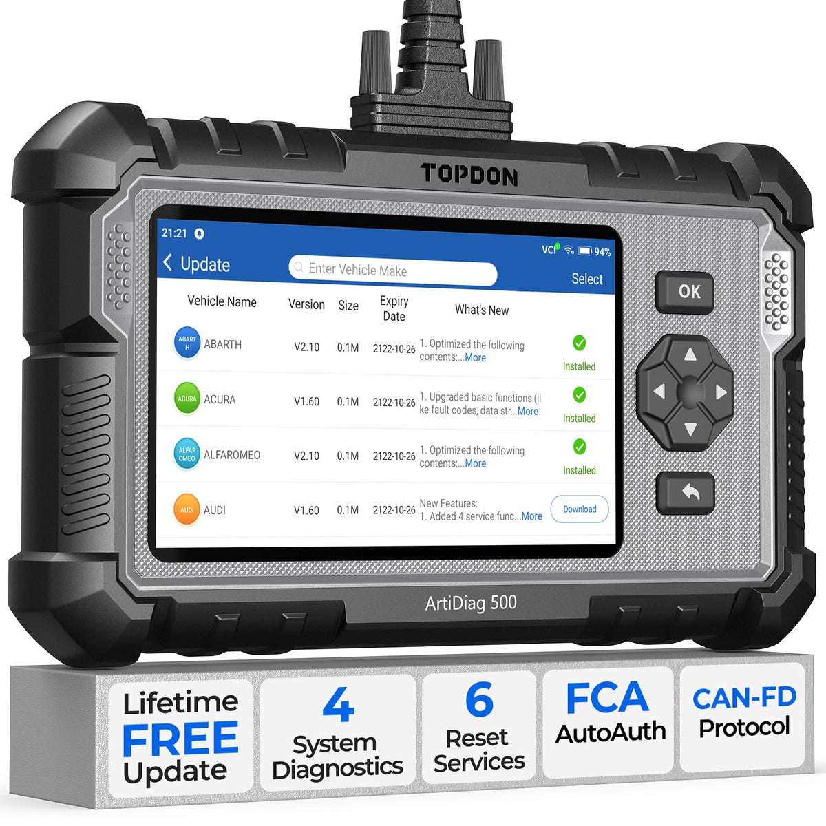 TOPDON AD500 front display showing diagnostics and quick readability benefit