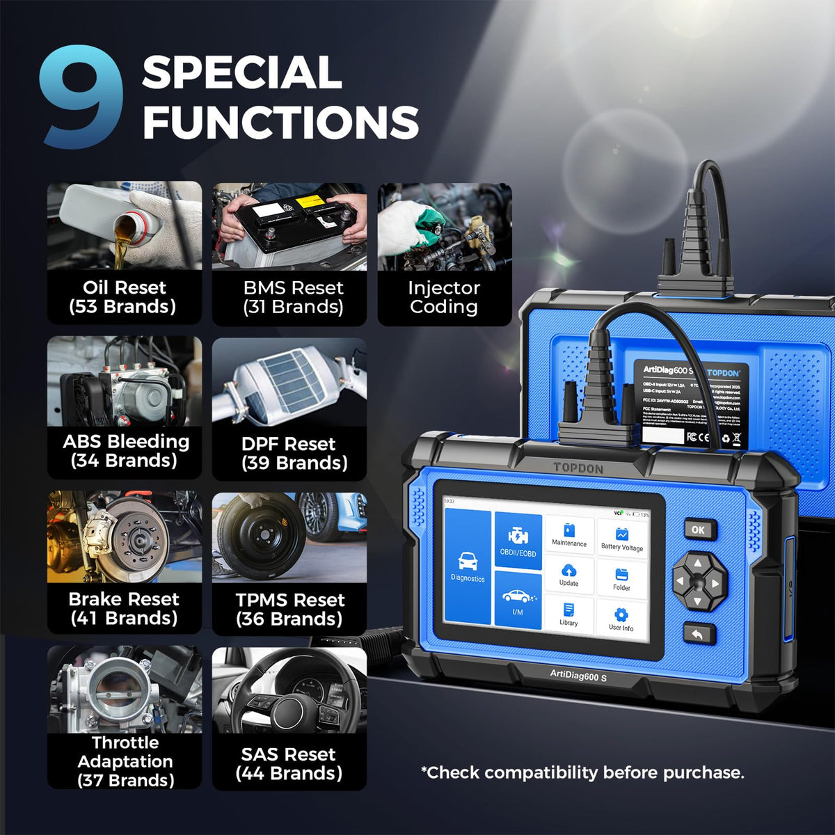 TOPDON AD600S rear view showing ports and rugged casing for durable workshop use