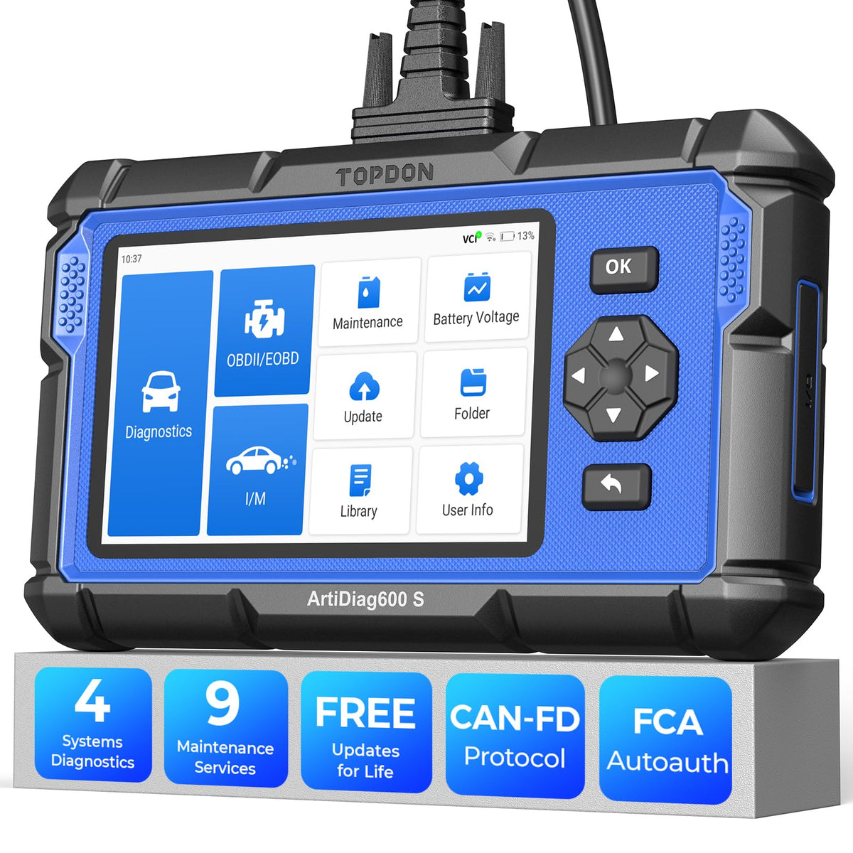 TOPDON AD600S front display showing home screen and easy navigation benefits