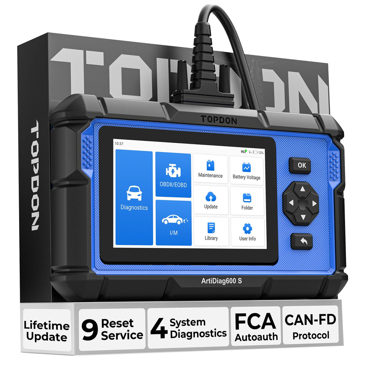 TOPDON AD600S front display showing diagnostics and quick results for faster fixes