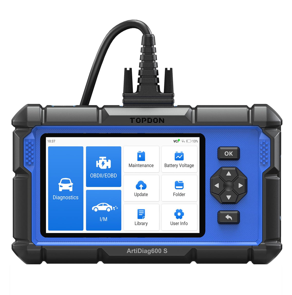 TOPDON AD600S box with accessories showing included items for out‑of‑the‑box readiness