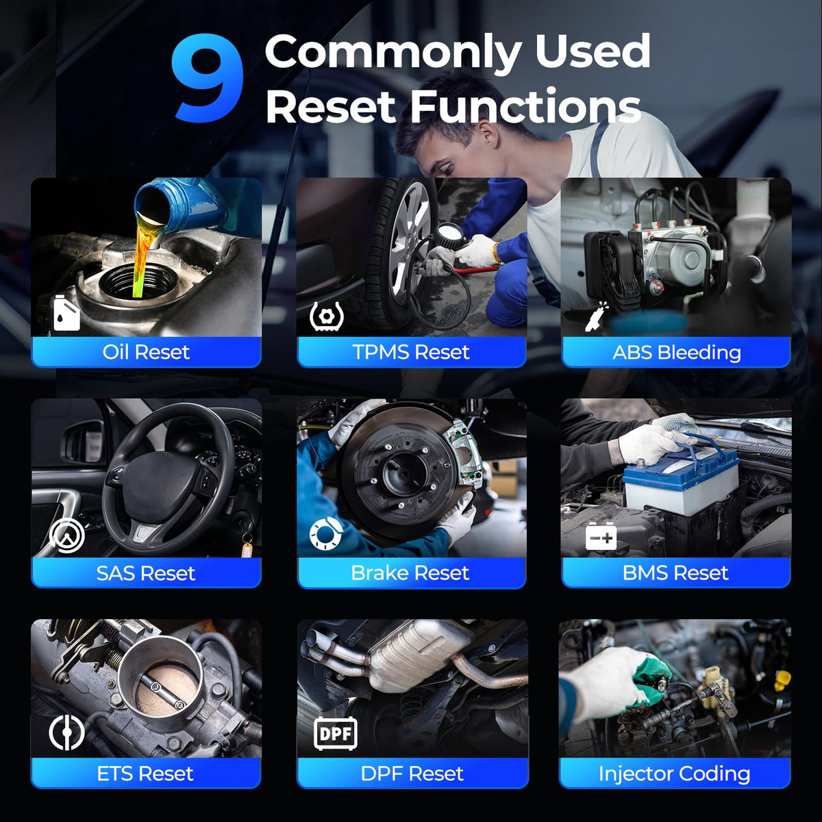 TOPDON AD600S service menu highlighting nine reset functions for maintenance convenience
