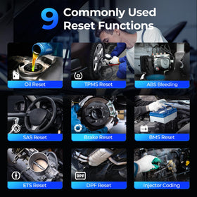 TOPDON AD600S service menu highlighting nine reset functions for maintenance convenience