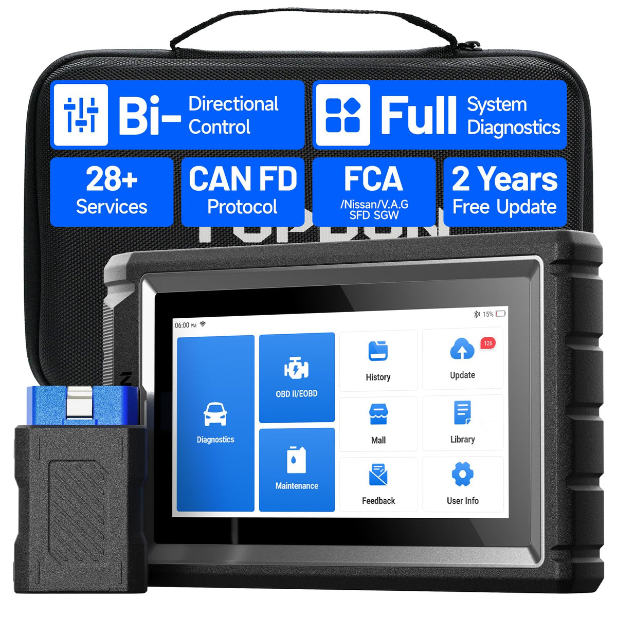 TOPDON AD800BT front panel showing menu for fast diagnostics benefit