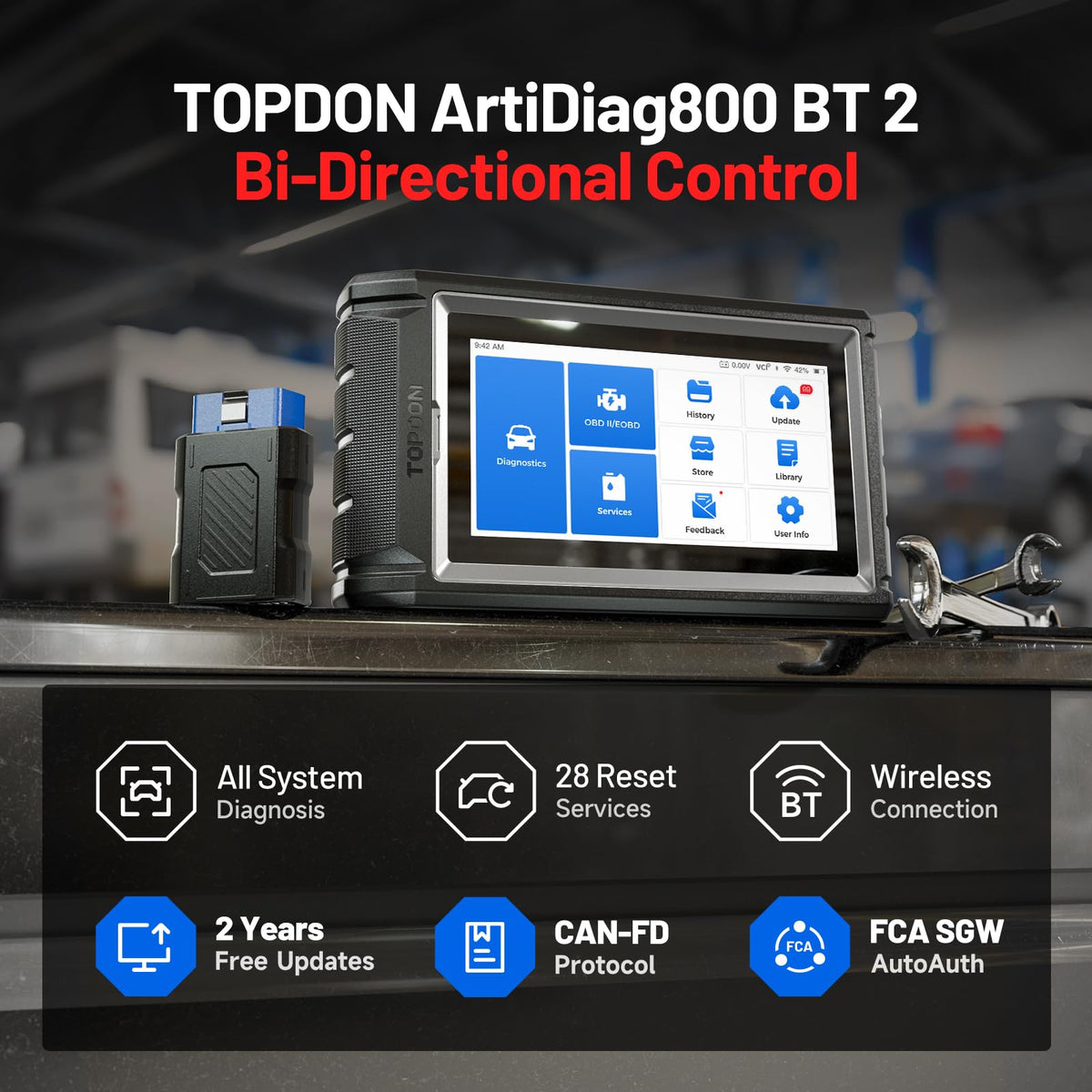 TOPDON AD800BT 2 reset service menu showing 28+ maintenance options for technicians