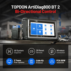TOPDON AD800BT 2 reset service menu showing 28+ maintenance options for technicians