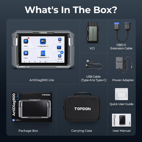 TOPDON AD900 Lite on a workshop bench illustrating professional diagnostic setup