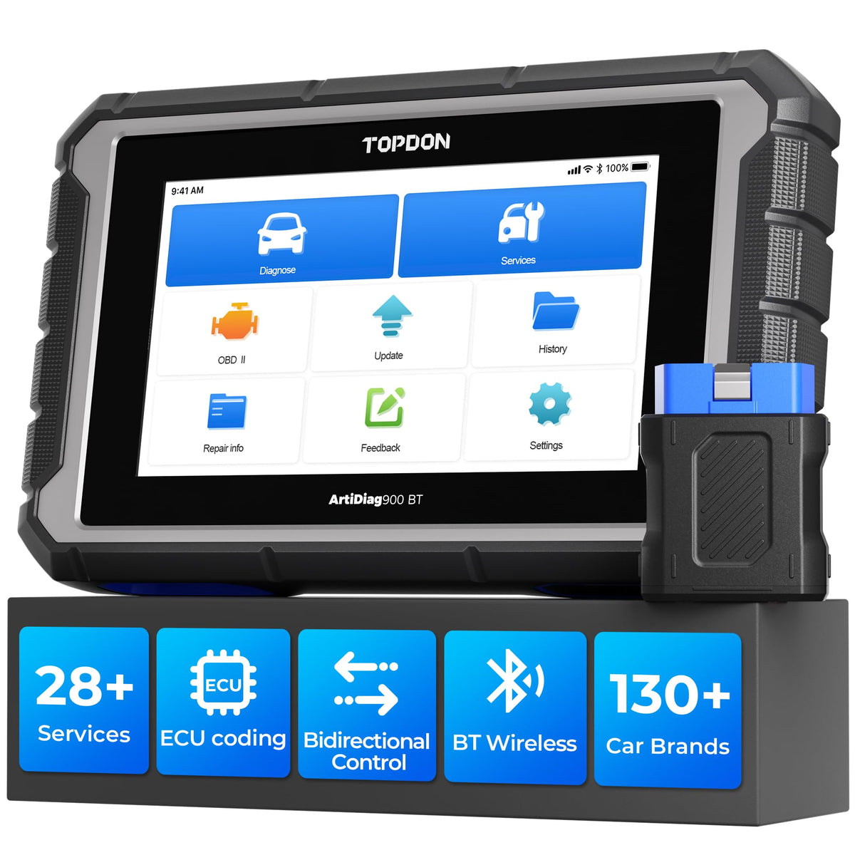 TOPDON AD900BT front display showing diagnostics, clear results fast
