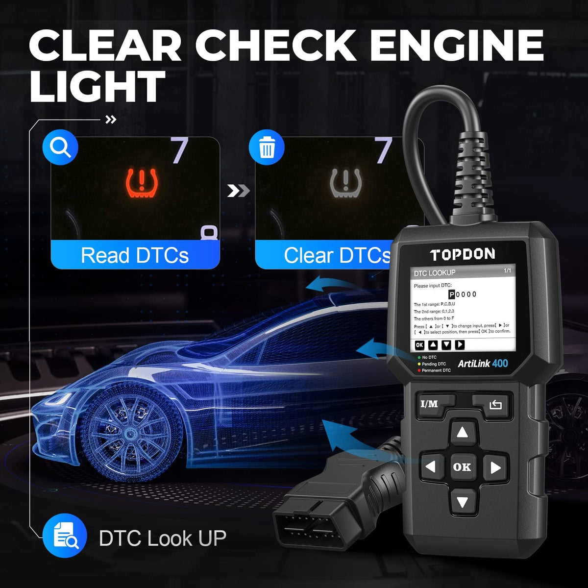 TOPDON AL400 back and OBDII connector view illustrating durable build and plug ease